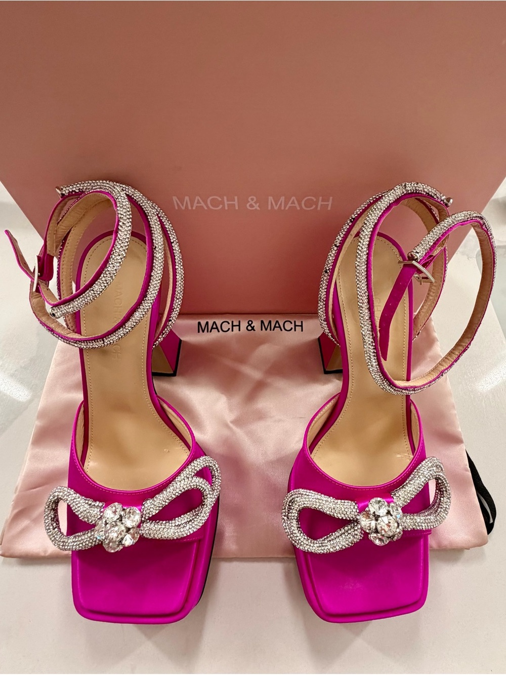 MACH & MACH - Double Bow - 140 Silk Ankle Strap Sandals - 38 - New - Fuchsia